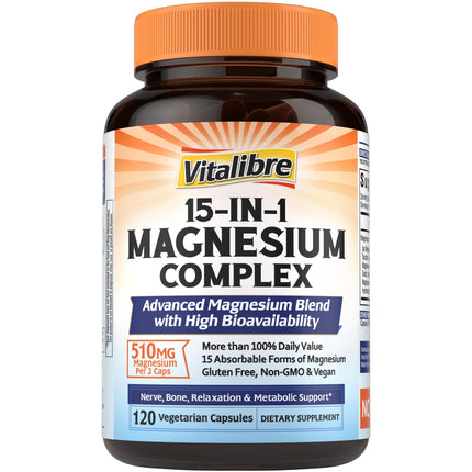 Vitalibre 15 in 1 Magnesium Complex Supplement 510mg | Maximum Absorption Glycinate, Malate, Taurate, Citrate and More for Bones, Heart, Recovery, Energy | Non-GMO, 120 Capsules
