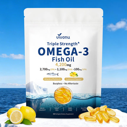 VivoNu Triple Strength Omega 3 Fish Oil - 4200mg, 300 Softgels | Enteric-Coated for No Fishy Aftertaste | Wild-Caught | Third-Party Tested