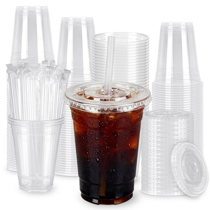 Lideropa 100 Pack 16oz Clear Plastic Cups with Lids and Straws, Leak-Proof Disposable Iced Coffee Cups, BPA-Free Recyclable PET To-Go Cups for Smoothies & Cold Drinks