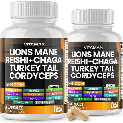 Vitamax Lions Mane Mushroom, Turkey Tail, Chaga & Reishi, Cordyceps Shiitake White Elm King Trumpet Nameko Oyster Porcini Focus & Energy - Made in USA
