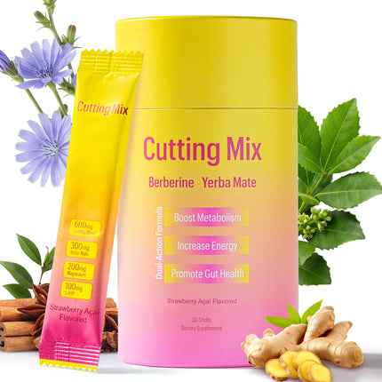 GLEAMETT Cutting Drink Mix -Berberine, FOS, Chromium, Yerba Mate & 5-HTP | Satiety & Gut Health - Strawberry Açaí Flavor - 30 Sticks