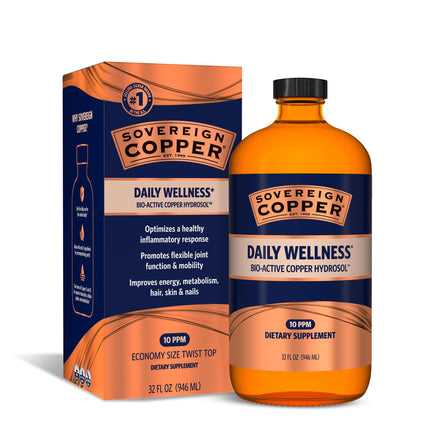 Sovereign Copper Bio-Active Copper Hydrosol, Daily+ 4-in-1 Wellness Supplement for Joint, Bone, Hair, Skin and Nails, Cardiovascular Health, Energy and Metabolic Health Support, 32 fl oz (946mL)
