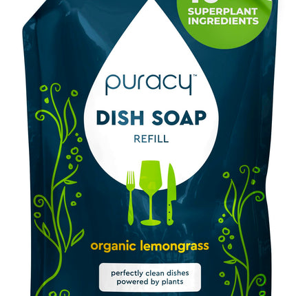 Puracy Natural Dish Soap Refill - Skin-Softening Plant-Based Liquid Dishwashing Detergent Soap, Clean-Rinsing Water-Sheeting Formula (Organic Lemongrass, 48 fl oz)
