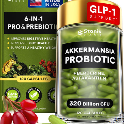 Akkermansia Muciniphila Probiotics 320 Billion CFU| Probiotic and Prebiotic | Akkermansia Probiotics for gut health | Inulin Prebiotic Fiber Capsules Astaxanthin & Berberine & Chromium | 120 capsules