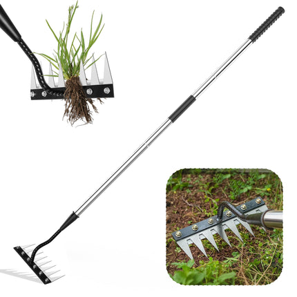 Iron Weeding Rake with Long Handle 2.0, Upgraded 8 Teeths Garden Weed Puller Tool Heavy Duty Gardening Tool for Lawn, Flower Beds & Soil Aeration