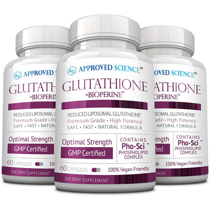 Approved Science® Glutathione - 500 mg - Phospholipid Complex, Vitamin C, Bioperine - Top Antioxidant to Help Neutralize Free Radical - Vegan Friendly - 60 Capsules per Bottle - 3 Bottles