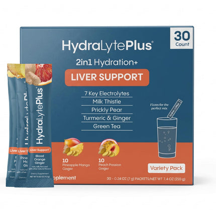 Hydralyte Liver Support + Electrolyte Mix with Milk Thistle, Turmeric, Ginger, Prickly Pear, Green Tea Extract Formulated for Rapid Rehydration (Variety Flavor, 30 Packets)
