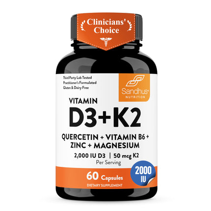 Sandhu's Vitamin D3 K2 Magnesium 2000 IU, 50mcg K2 Capsules 60 Count (Pack of 1) | with VIT B6, Zinc & Quercetin | D3K2 Supports Superior Absorption, Energy, Immune, Muscle Health for Men & Women