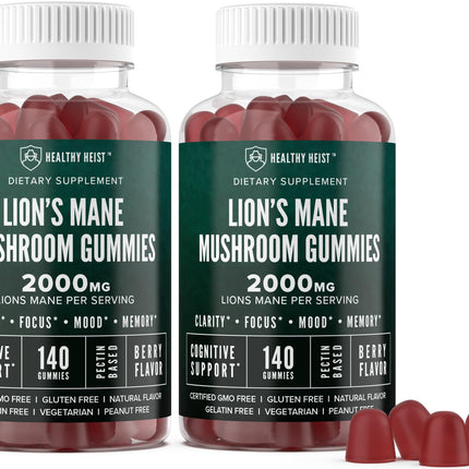 Lions Mane Mushroom Gummies for Adults, 280 Count Bulk Lion's Mane Chewables, High Potency 10:1 Organic Extract amounts to 2000mg, Supplement Supports Mental Clarity, Focus, Mood and Brain Fog, 2 Pack