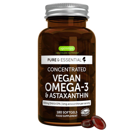 Igennus Vegan Omega-3 Algae Oil, IAOS Certified Pure, 400mg DHA & 200mg EPA per Serving, 90 Servings, Triglyceride Form, Supports Brain & Heart Health, with Astaxanthin, 180 Small Softgels