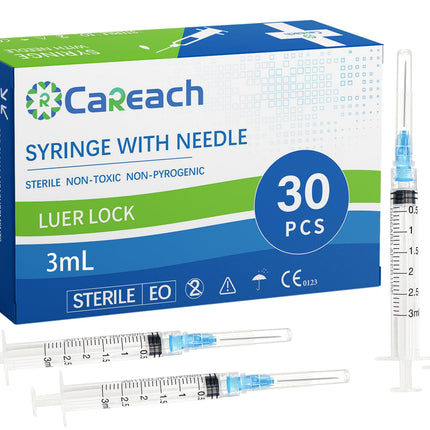 Careach 30 Packs 3mL Syringe with Needle 23 Gauge 1inch