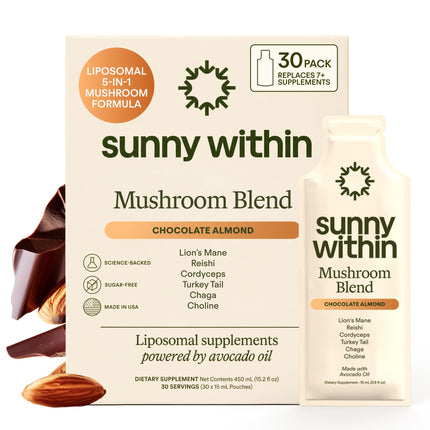 Sunny Within Functional Mushroom - 800mg of Five Mushrooms - Organic Lion’s Mane, Reishi, Cordyceps, Turkey Tail, Chaga - Brain, Stress & Energy Support * - with Choline - 30 Pouches
