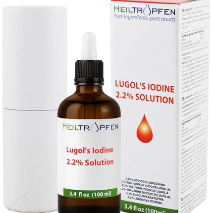 2.2% Lugol's Iodine Solution 3.4 Fl Oz | Pharmaceutical Grade Ingredients | Lugols Solution Made with Iodine and Potassium Iodide | Third-Party Tested | Heiltropfen®