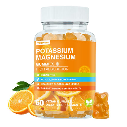 Potassium Magnesium Gummies - Magnesium Glycinate B6,D3 & Potassium Citrate for Leg Cramps,Muscle,Electroyte for Adults Kids,Sugar-Free - 60 Orange Gummies