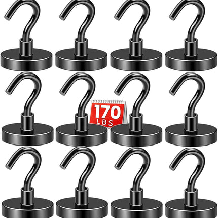 DIYMAG Black Magnetic Hooks, 170 LB Heavy Duty Strong Magnets with Hooks Rare Earth Neodymium Fridge Magnet for Grill Hanging Cruise Cabins Ship Essentials 12 Packs