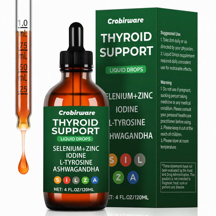 Crobirware Thyroid Support Complex Liquid Drops for Women & Men - High Potency Iodine, Zinc, Selenium & Ashwagandha for Cortisol & Stress Relief - Natural Metabolism & Energy Booster - 4 oz (120ml)
