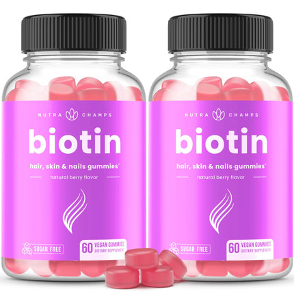 NutraChamps Sugar Free Biotin Gummies 10000mcg [High Potency] - Healthy Hair, Skin & Nails for Women, Men & Kids - 5000mcg in Each Gummy - Vegan Hair Health Vitamins Supplement - Raspberry (2-Pack)