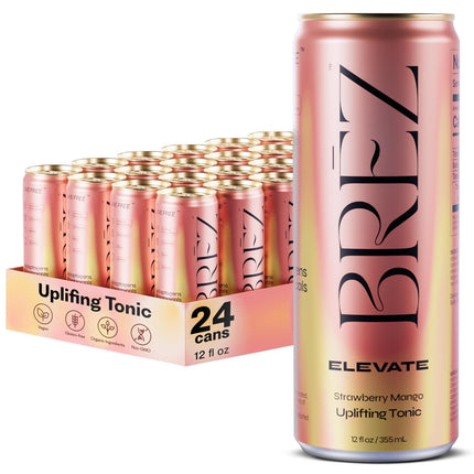 BRĒZ ELEVATE Cordyceps Mushroom Drink, Non-Infused Uplifting Tonic with Cordyceps, Guayusa, Maca & Ginseng, Vegan Adaptogen Drink for Focus, Drive & Mental Clarity, Strawberry Mango, 12 fl oz, 24 Pack