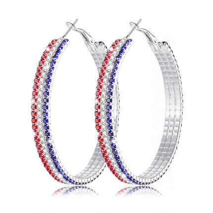 4th of July Earrings Sparkle Rhinestone Hoop Earrings Patriotic Red White and Blue Earrings Glitter Crystal Stainless Steel Hoop Earring for Women American Flag Jewelry