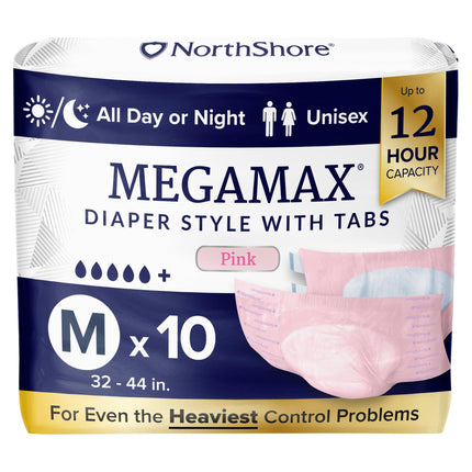 NorthShore MegaMax 12-Hour HBL Adult Diapers for Heavy Bladder Leaks, Medium, 10 Count, Pink, 32-44 inches, Tab-Style Incontinence Underwear for Men, Women & Teens