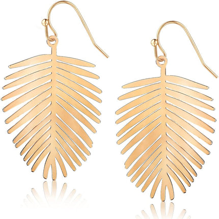 Gold Tone Leaf Earrings for Women - Bohemian Tropical Dangles, Palm Drops