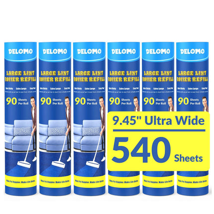 DELOMO Large Lint Roller Refills (6 Pack, 540 Sheets) – Compatible Only with DELOMO 9.45 in Giant Lint Roller – Extra Sticky Floor Lint Roller Refill for Carpets, Beds, Couches, Cars & Pet Hair