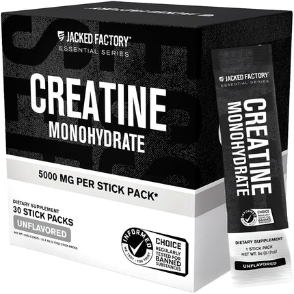 Jacked Factory Creatine Monohydrate Stick Packs 150g - 5g Daily Creatine Supplement for Men and Women, Vegan-Friendly, Third-Party Tested - 30 Servings, Unflavored