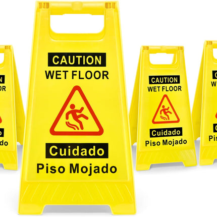 4-Pack Caution Wet Floor Sign, 17.5" Height, Bright Yellow, Double-Sided A-Shaped Frame Design, Foldable Compliant Safety Signs for public places such as restaurants, bathrooms, and offices