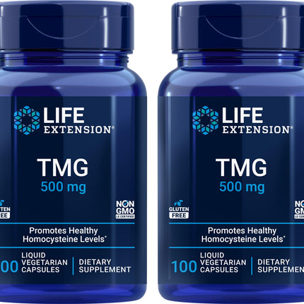 Life Extension TMG 500mg, 100 Liquid Veg Caps (Pack of 2) - Trimethylglycine (Glycine Betaine) Supplement - Gluten Free, Non-GMO, Vegetarian