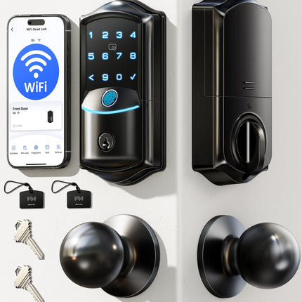 Veise VE027-K Built-in WiFi Smart Lock with 2 Knob, Fingerprint Keyless Entry Door Lock Handle Set for Front Door, App Remote Control, Electronic Digital Keypad Deadbolt, IP65 Waterproof, Matte Black