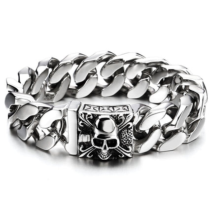 COOLSTEELANDBEYOND Men's Stainless Steel Cuban Link Curb Chain Bracelet With Skull Box Clasp, Heavy and Sturdy Biker Gothic Punk Jewelry Gift