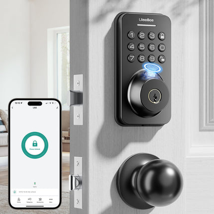 Ulecoce Fingerprint Keypad Deadbolt with Knob Set, Keyless Entry Door Lock with App Control, Door Locks for Front Door, Auto Lock＆One-Touch Lock, 100+ User Codes＆5 Keys, Easy Installation, Matte Black