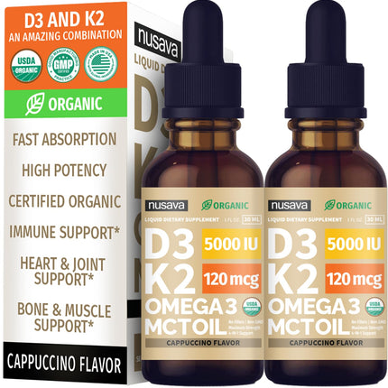 (2 Pack) Organic Vitamin D3 K2 Drops with MCT Oil & Omega 3 - Liquid Vitamin D3 5000 IU - K2 D3 Vitamin Supplement - Vitamin D Drops for Women & Men - No Fillers, Non-GMO, GMP, Cappuccino (2 Fl Oz)