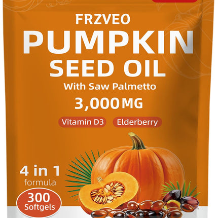 FRZVEO Pumpkin Seed Oil with Saw Palmetto, Vitamin D3 & Elderberry-300 Capsules, Pure Virgin Oil, Essential Fatty Acids & Phytosterols-Supports Prostate Function, Hair Health & Urinary Comfort