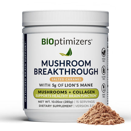 BIOptimizers Mushroom Coffee Alternative – Salted Caramel Drink – Lion’s Mane, Chaga, Reishi + Collagen Peptides for Focus, Energy & Gut Health – Adaptogenic Mushrooms & MCT Powder – 15 Servings