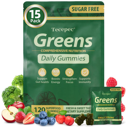 Sugar Free Greens Daily Gummies, Superfood Fruits Veggies Blend with Spirulina, Chlorella, Prebiotics & Fiber, Adaptogens Multivitamin Supplement for Women Men Digestive Health, Non-GMO, 120 Count