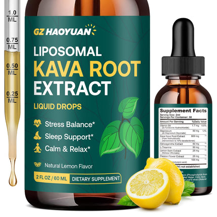 Liposomal Kava Kava Drops for Calming & Relaxation – Kava Root Extract Supplement with GABA, Ashwagandha & Magnesium - Support Mood & Better Sleep, Fast-Absorbing Vegan Kava Liquid Drops Lemon 2 Fl Oz