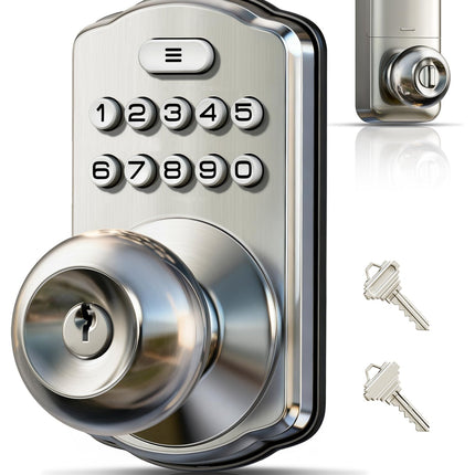 Veise KS03 Keypad Door Knob Lock, Keyless Entry Digital Lock with Handle, Electronic Smart Knob for Front Door & Bedroom, Easy Install, Auto Lock, Passage Mode, Anti-Peeping Password, Satin Nickel
