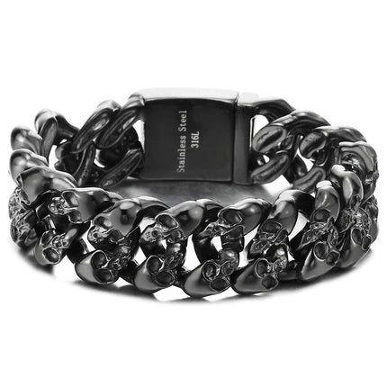 COOLSTEELANDBEYOND Men's Black Stainless Steel Skull Cuban Link Bracelet, Rugged Gothic Biker Chain, Heavy-Duty Jewelry, Secure Box Clasp