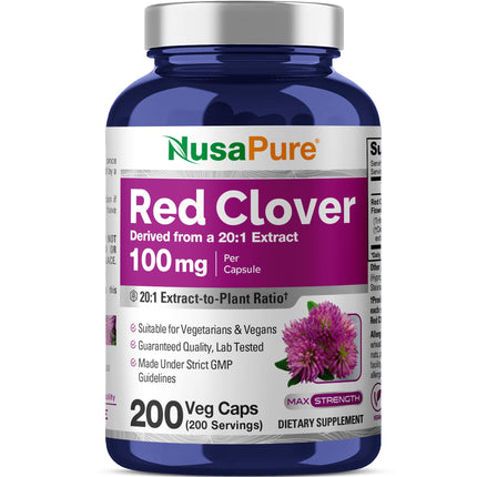 NusaPure Red Clover Blossoms Capsules, 100 mg, 200 Veg Capsules (Non-GMO, Vegan)