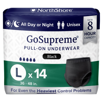 NorthShore GoSupreme Overnight Pull-On Underwear, 8-Hour Leak Protection, Large, 14-Count Bag, Black, (36-48 in Waist), Unisex Adult Diapers