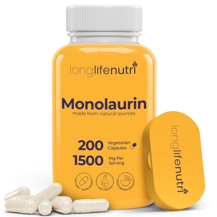 LongLifeNutri Monolaurin 1500mg - Potent Glycerol from Coconut, 200 Vegetarian Capsules, Organic Supplement for Gut Balance & Natural Defense, 100-Day Supply, GMP Certified, Made in USA