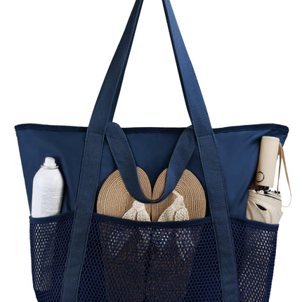 HOMESPON Beach Bag Large Waterproof Sandproof Foldable Tote for Women with Zipper and Mesh Pockets for Pool Cruise Travel Everyday (Navy)