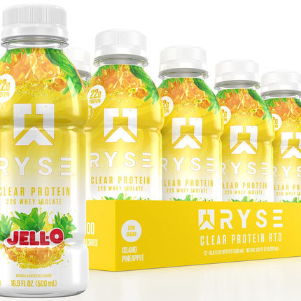 RYSE Clear Protein Drink - Jell-O Island Pineapple - 100 Calories, 22g Whey Isolate Protein Shake, Sugar-Free, 0g Fat & Lactose-Free - Refreshing Ready-to-Drink Beverage - 16.9 fl oz Bottles (12-Pack)