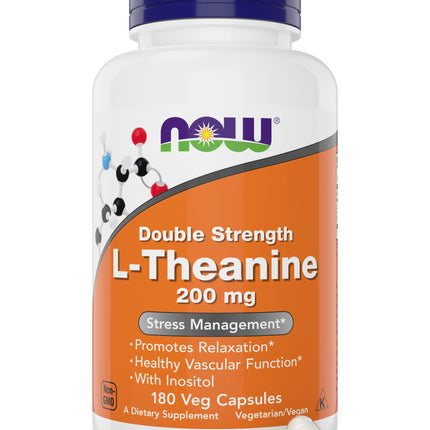 NOW Foods L-Theanine, Double Strength 200 mg Per Cap - 180 Veg Capsules - Enhanced with 100mg Inositol - Vegetarian, Non-GMO - Ltheanine 200mg Supplement