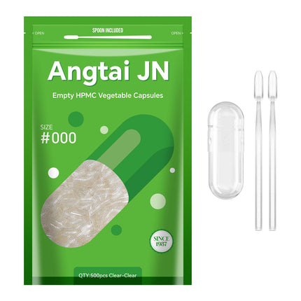 Angtai JN Capsules Size 000 Vegan Empty Plant Based Clear (500 Count) Gluten Free, Non-GMO, Halal Certified Pill Caps Filling Kit with 2 Spoons for Vegetarian DIY Your Own Supplements