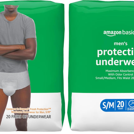 Amazon Basics Maximum Absorbency Incontinence Underwear for Men with Leak Protection, Dri-Fit Technology, Odor Control, Cotton Enhanced, Small/Medium, 20 Count (Pack of 2)