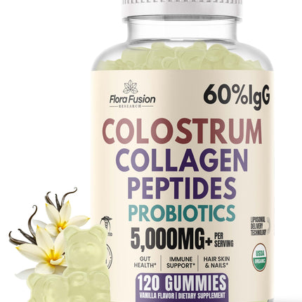 Colostrum Gummies I Collagen Peptides I Probiotics 5000+ mg w/ 60% IgG I Immunity Support & Gut Health - Liposmal Technology - U.S. Sourced Superfood - Grass-Fed Bovine - 120 gummies (Vanilla Flavor)