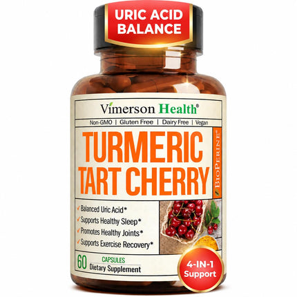 Tart Cherry Capsules – 4-in-1 Turmeric Tart Cherry Supplement for Uric Acid Balance & Joint Health – 10:1 Tart Cherry Extract Capsules with Celery Seed, Turmeric Curcumin & Black Pepper – 60 Count