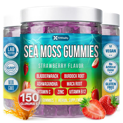FitVitality 150 Sea Moss Gummies | 9-in-1 Formulation with Irish Sea Moss, Ashwagandha, Burdock, Elderberry, Bladderwrack, Maca, Zinc, B12 | Energy & Immune Support | Strawberry Flavor Vegan Gummies